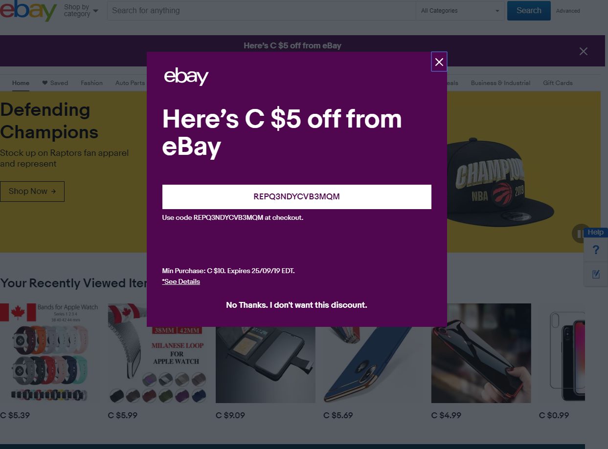 [eBay.ca] [YMMV] ebay 5 off with 10 minimum code, extremely YMMV