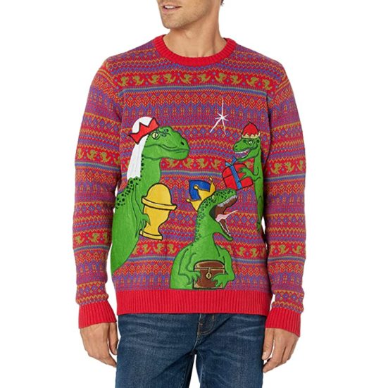 16. Best WTF Outfit: Blizzard Bay Men’s Ugly Christmas Dinosaur Sweater