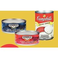 Admiral Chunk Light or Flaked Light Tuna or Campbell's Chicken Noodle, Cream of Mushroom, Tomato or Vegetable Soup
