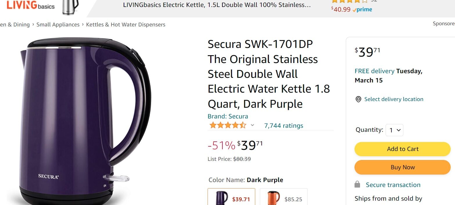 .ca] Secura water kettle 1.8 Quart Stainless Steel inside (purple  colour outside) $40 - RedFlagDeals.com Forums