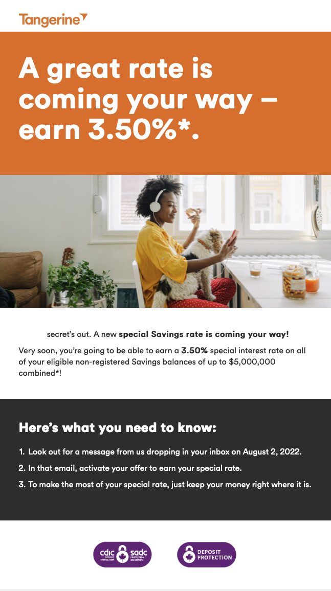 [Tangerine] [YMMV] New 3.50 Interest Rate Promo coming Aug 2 through