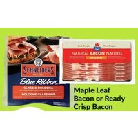 Maple Leaf Bacon or Ready Crisp Bacon, Breakfast  Sausage, Schneiders Blue Ribbon Bologna