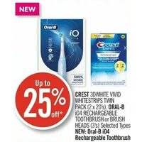 Crest 3dwhite Vivid Whitestrips Twin Pack, Oral-B iO4 Rechargeable Toothbrush Or Brush Heads