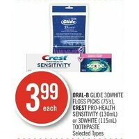Oral-B Glide 3dwhite Floss Picks, Crest Pro-Health Sensitivity Or 3dwhite Toothpaste