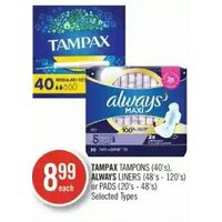 Tampax Tampons, Always Liners Or Pads