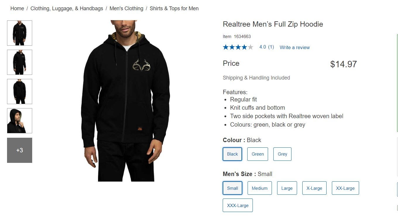 [Costco] Realtree Men’s Full Zip Hoodie Black & Green 14.97 online w
