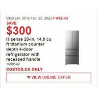Hisense 28-in. 14.8 Cu Ft Titanium Counter Depth 4-Door Refrigerator With Recessed Handle