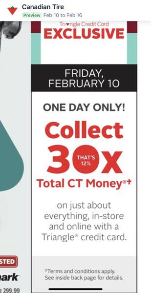 [Canadian Tire] Collect 30x (12%) CT Money on Feb 10 (Triangle