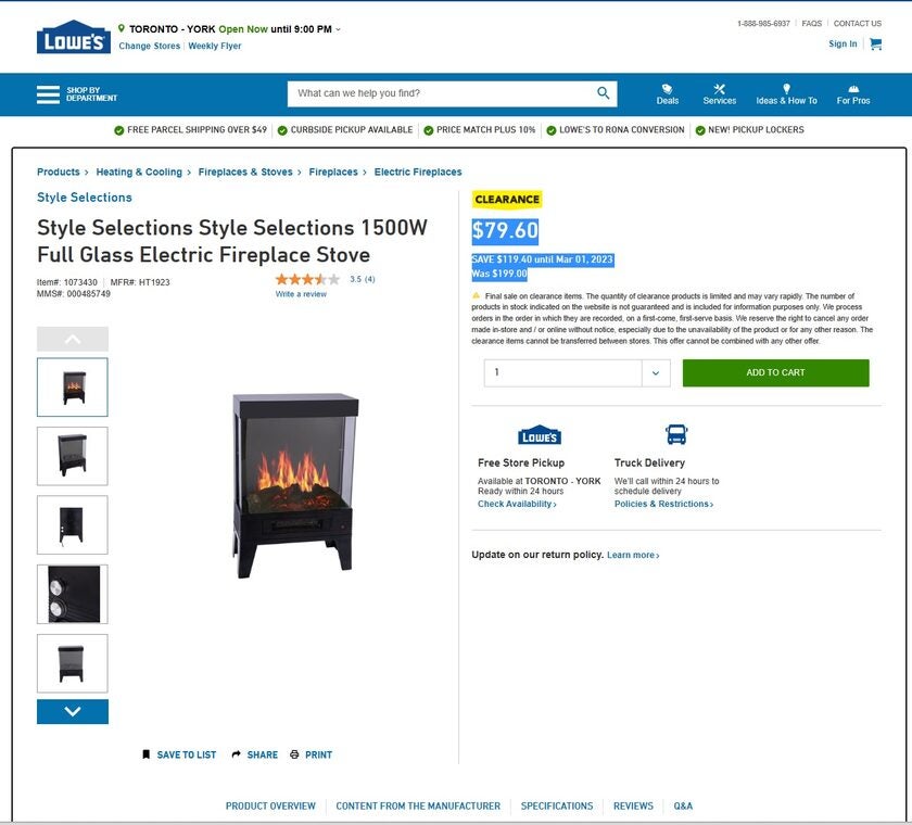 [Lowe's] 1500W Full Glass Electric Fireplace Stove 80 Reg 200 YMMV