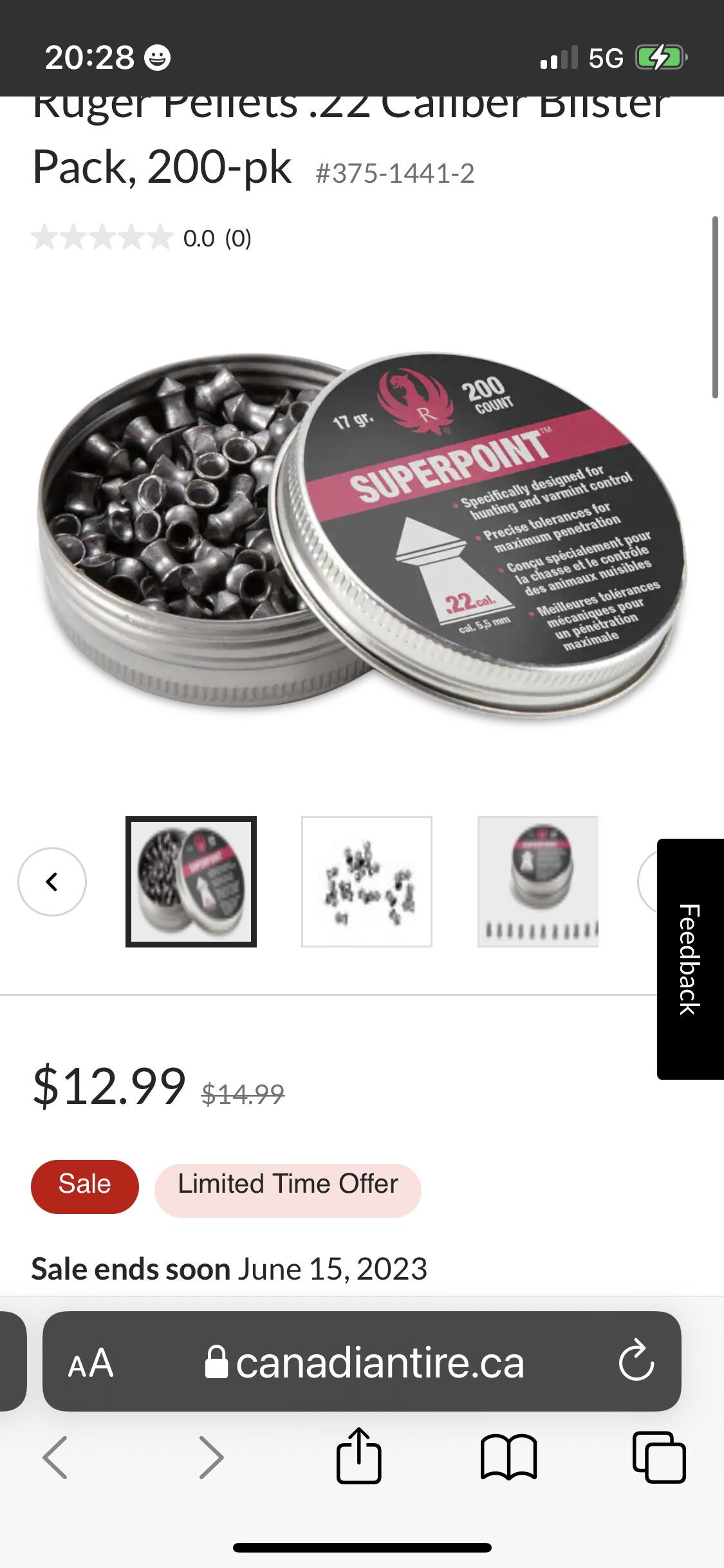 [Canadian Tire] Can.T. Ruger .22 lead pellets 200ct 12.99 (2.00 off
