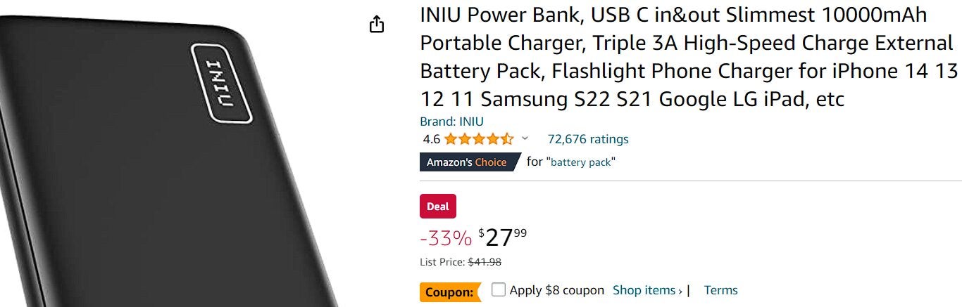 Batterie Externe 10000mAh, [2 Pack] INIU 3A USB …