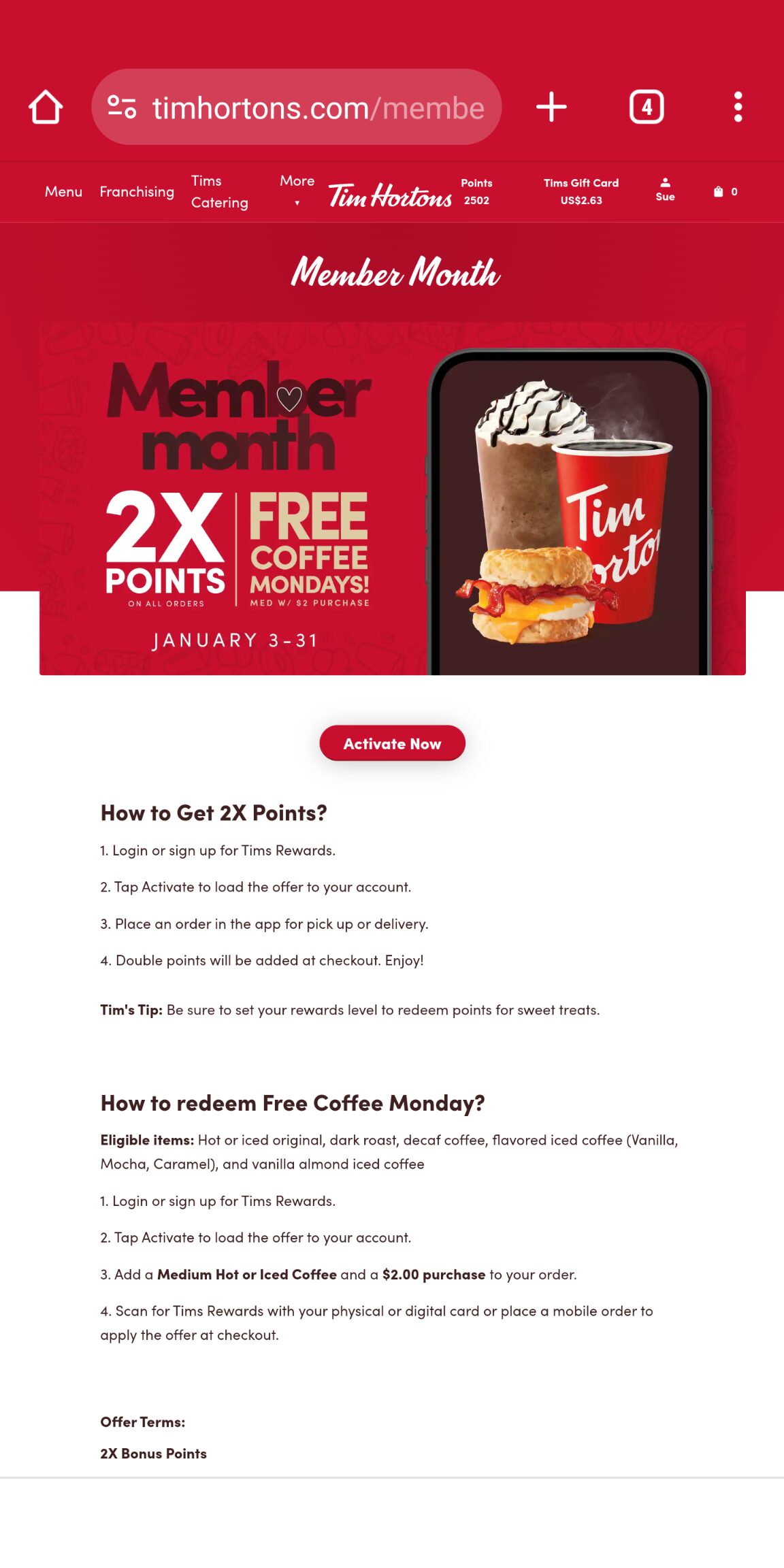 [tim Hortons] Free Med Coffee W 2 Spend Mon 1 10 Timbits Tue And 2x Points On Purchases