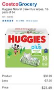 Huggies Natural Care Plus Wipes, 18-pack of 64 $23.49