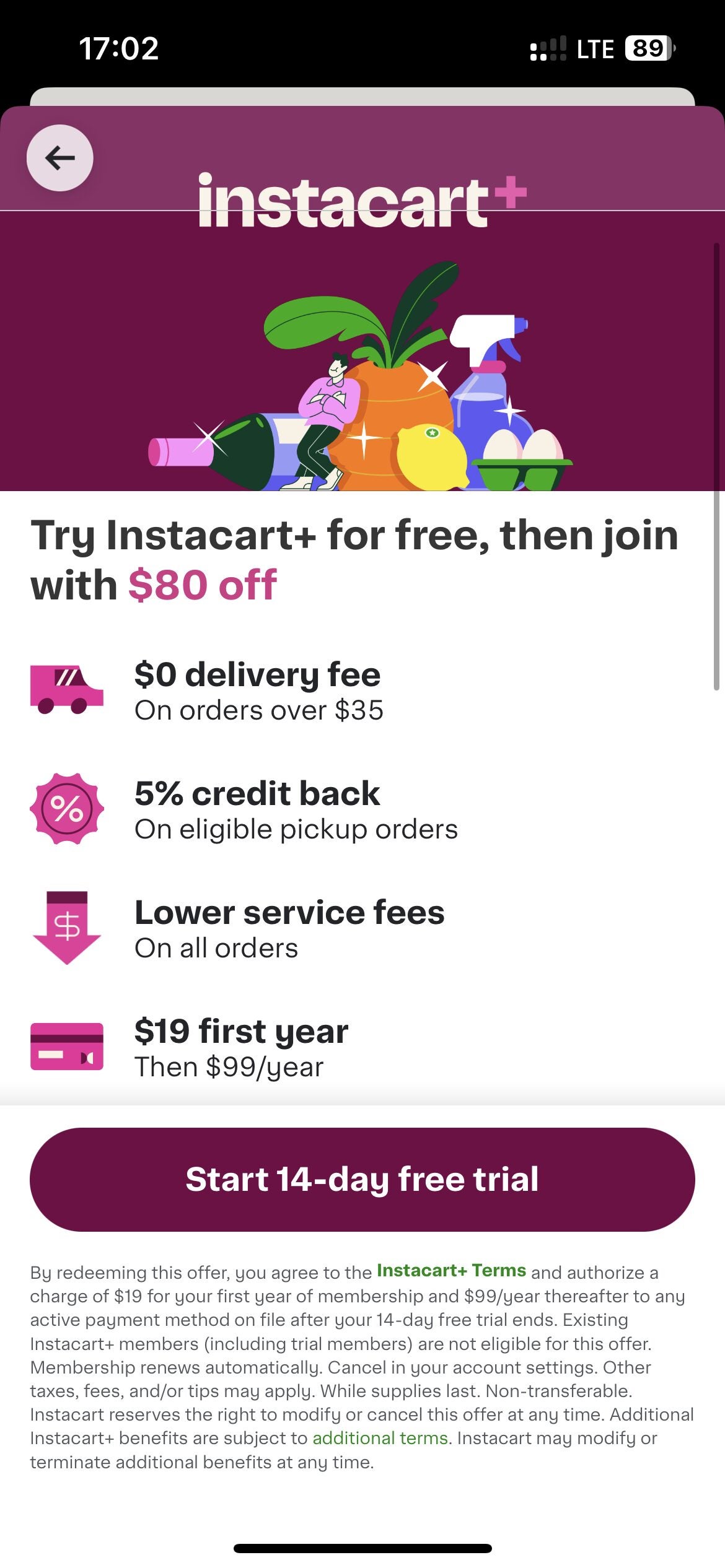[InstaCart] InstaCart+ Annual Membership Promo 19 / year [YMMV InApp