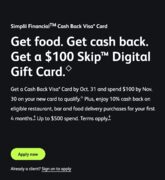 $100 Skipthedishes GC To Successful Application Of Simplii Visa - EXP OCT 31