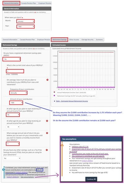 Canadian Retirement Income Calculator -- Are RRSP Contributions assumed to be indexed for inflation?