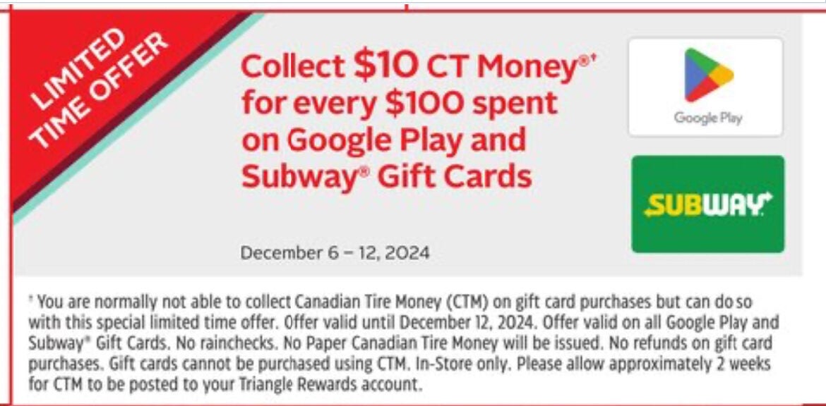 [Canadian Tire] Collect $10 CTM for Every $100 Google Play and Subway ...