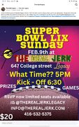 Toronto- Feb 9. $20 Super Bowl watch party @ Real Jerk Legacy. Includes AYCE wings and nachos