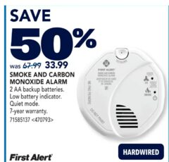First Alert Hardwired 120V Smoke and Carbon Monoxide Detector with Battery Backup $33.99 (reg. $67.99) June 26 - July 2