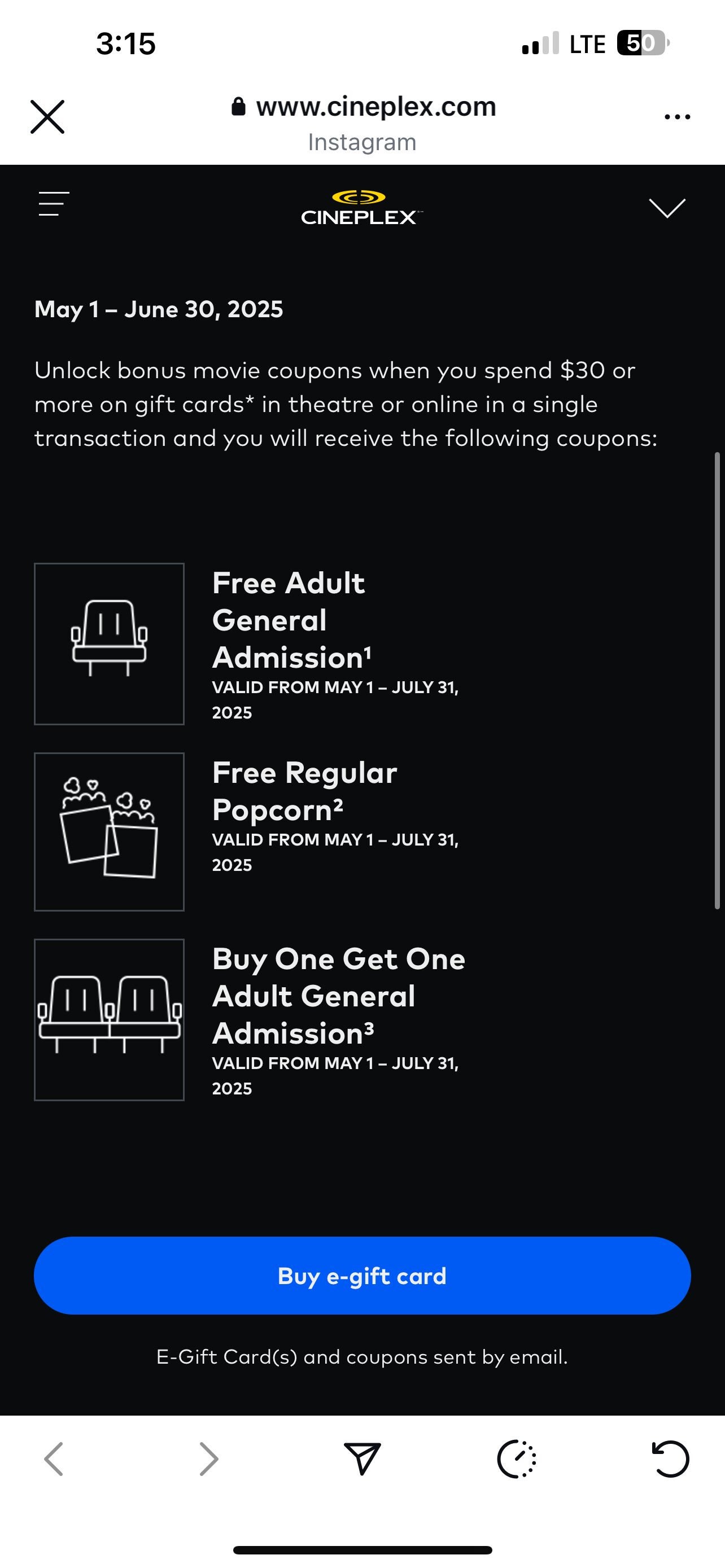 [Cineplex.com] Cineplex buy $30 e GC RECEIVE THREE COUPONS ...