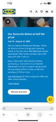 IKEA meals 50% off on weekdays, $75-25, $120-35 coupon with purchase of meal