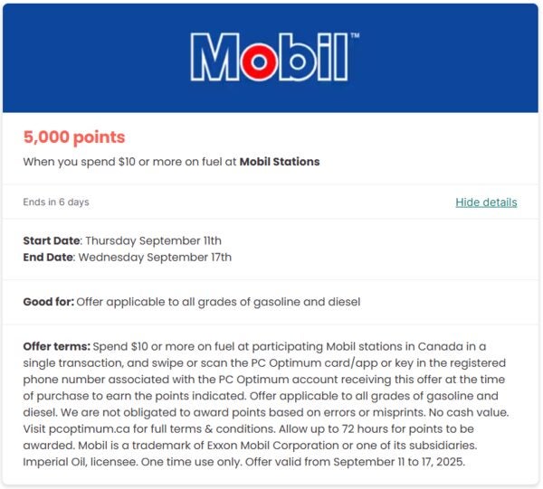 [Mobil/PC Optimum] Get 5000 PCO when you spend $10 or more on fuel at ...