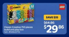 LEGO Classic Creative 750 pieces Build-and-Play Box $29.86 (reg. $64.86) (Starts online Nov. 12th at 9 pm EST)