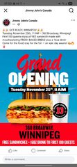 Winnipeg. Nov 25. Jimmy John's Grand Opening deals