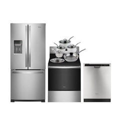 Whirlpool 30" French Door Refrigerator; Electric Range; Dishwasher; Cookware Set - Stainless